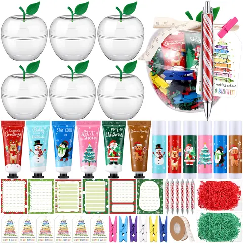 6/12/50 Pcs Christmas Teacher Gift Plastic Apple Containers Teacher Appreciation Gifts with Gift Bag Thank You Cards Ruler Ribbon Red Raffia Teacher Appreciation Gifts for School Classroom Party Decor,Teacher's Day Welcome Back to School Xmas Holiday Gift