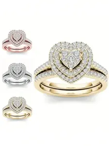 Elegant Women's Zinc Alloy Heart-Shaped Rhinestone Rings Set, Perfect Engagement Gift, Fashion Accessory for All Occasions, Heart Design Ring