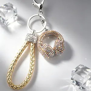 Shiny Bling Rhinestone Earphone Keychain, Full Crystal Covered Key Ring Accessory, Cute Decor Cord Charm for Handbags Backpack Car Keys