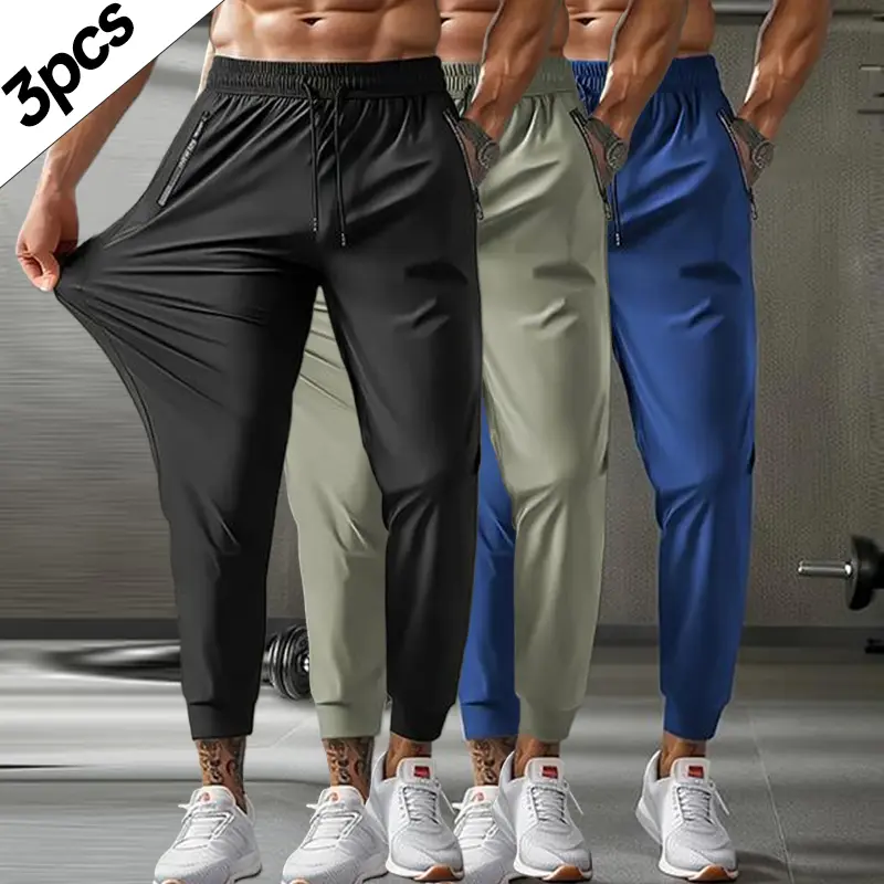 3PCS-Men's Sports Pants, Elastic Waist with Drawstring, Zipper Pockets, Comfortable and Breathable, High Elasticity Fabric, Suitable for Outdoor Running, Gym, Casual Pants, Nine-Point Pants Athleisure Style jogger