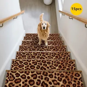 15pc Fashion Leopard Print Stair Mat, Non-Slip Durable Home Carpet, Creative Decorative Stair Rug, Soft Comfortable Anti-Slip Pad