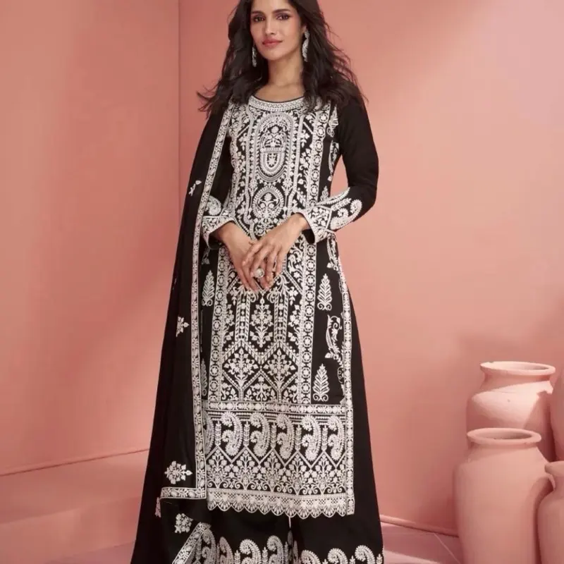 Lucknowi Style Embroidered Black Silk Palazzo Suit with Intricate Silver Embroidery and Elegant