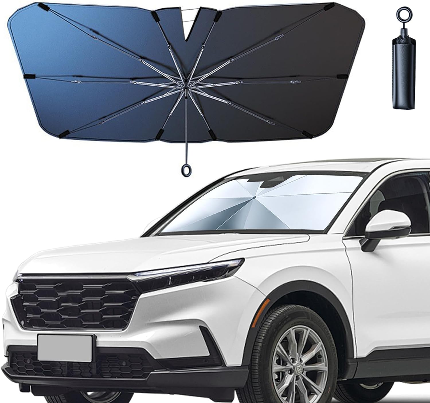 [Summervibes] 2026 Upgraded Car Windshield Sun Shade Umbrella with Pull Cord, Foldable Car Umbrella Sunshade with UV Block Car Front Window, Ten Strand Convex Umbrella Frame Retractable Sunscreen for Most Cars/SUV