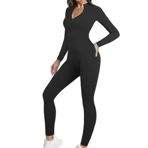 SeSe Code Long Sleeve Jumpsuits Zipper Front Seamless Ribbed Sexy Jumpsuit