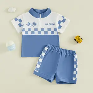Afunbaby Toddler Baby Boy Race Car Outfits Set Checkered Flag Short Sleeve Zip Mock Neck Tops and Shorts 2 Piece Summer Clothes Set