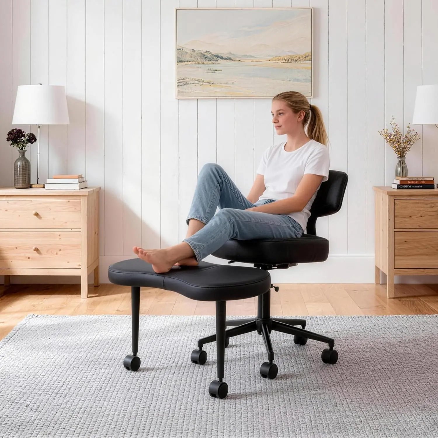 Cross-Legged Meditation Chair with Adjustable Backrest, PU Leather or Teddy Fabric, 360° Swivel Footstool, Floor Sitting Yoga Stool for Bedroom & Relaxation