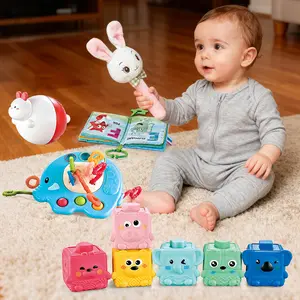 Montessori Baby Toys 5-in-1 Set,Sensory Play Kit with Rattle, Teether,Fabric Book & Stacking Blocks,Gift for Newborns