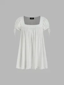 Square Neck Solid Ruffle Knotted Short Sleeve Blouse