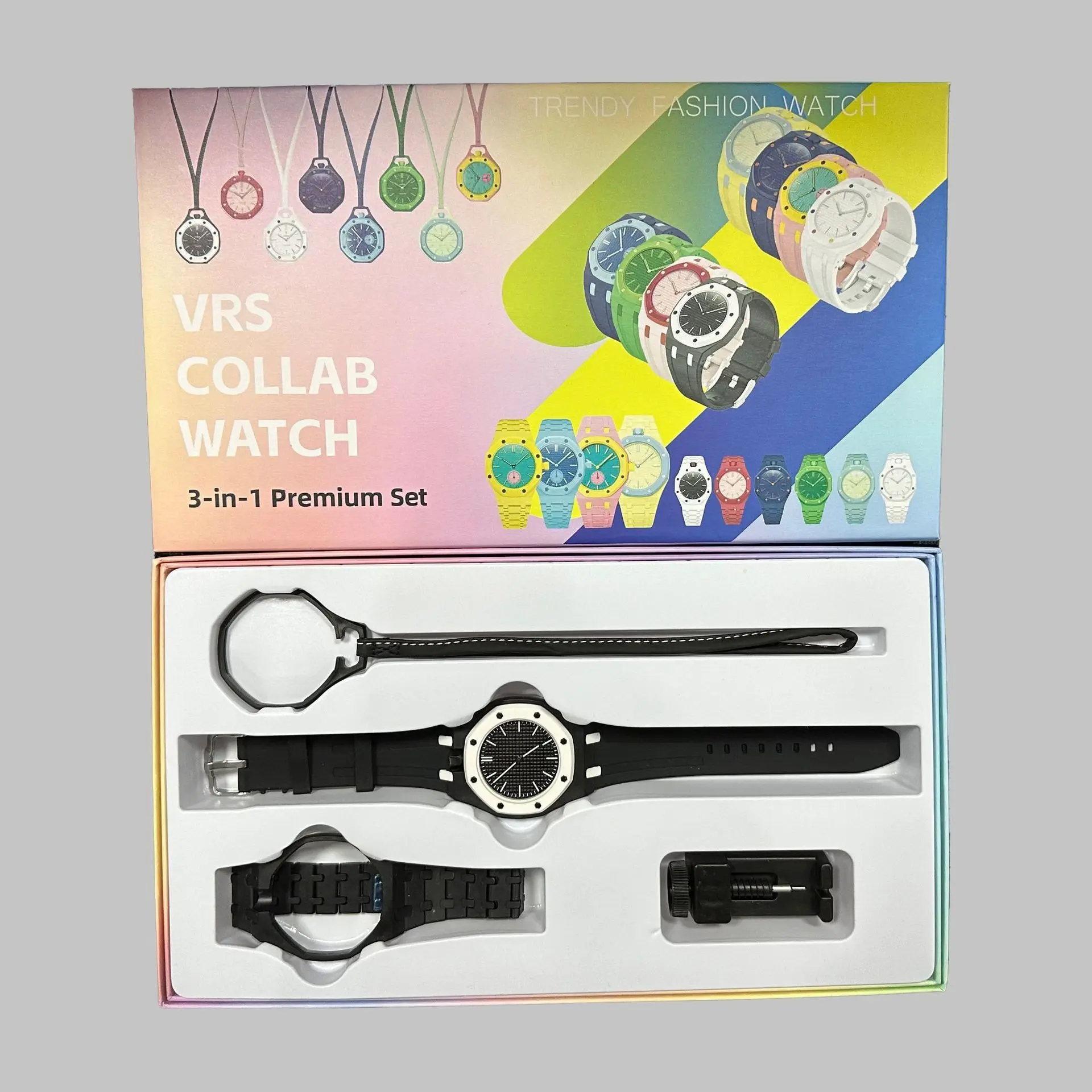 Unisex Pastel Octagonal Silicone Watch Bundle, 3-in-1 Set With Replaceable Bands, Lanyard And Adjustment Tool, Trendy Daily Quartz Wristwatch Complete Gift Packaging For Teens