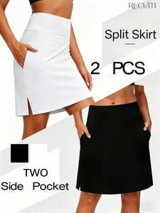 RECUITI Women's High Waist Skort Set, Breathable Yoga Shorts with Side Pockets, Sporty Golf Skirt, Casual Athletic Wear for All Seasons
