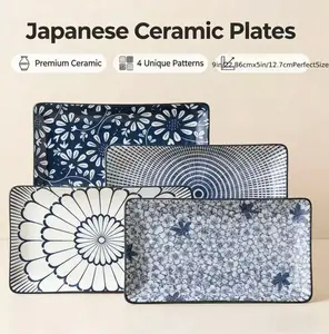 9-inch Japanese underglaze colored ceramic dining plate set, with blue and white printing that is not easily faded, microwave washable, rectangular deepening design, practical tableware for home kitchen preparation and serving guests