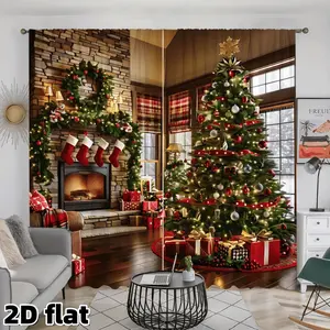 2D Flat 2Pcs Christmas Tree Fireplace Curtains, Holiday Season Printed Panels, Rod Pocket Design, Semi Shading Polyester, Decorative Window Drapes for Living Room Bedroom Home Decor, Xmas Celebration Theme, Festive Covering, Easy to Clean