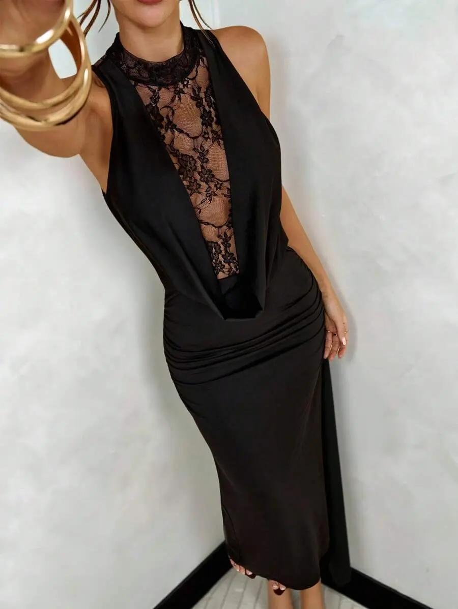 Elegant Lace Sexy Black Lace Turtleneck Bodycon Dress, For Spring Summer Formal Dinner Dresses Wedding Guest,Valentine's Day,Valentine Outfits Women