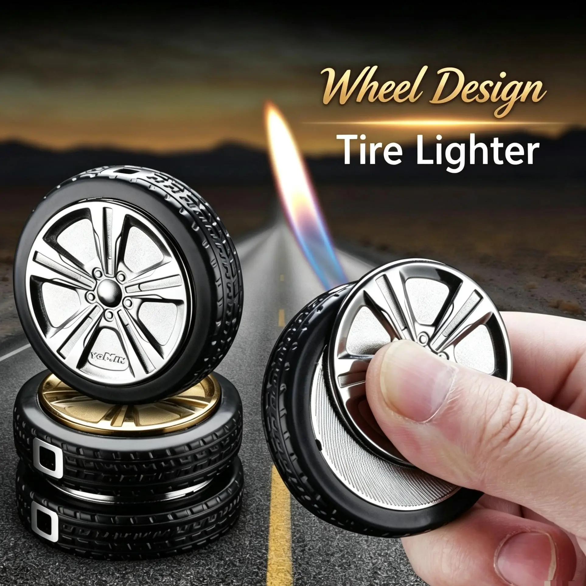 (Not including butane gas) Creative Car Wheel Lighter, Direct-flame Type, Adjustable Flame, Refillable, Suitable For Camping, Barbecuing and Cooking
