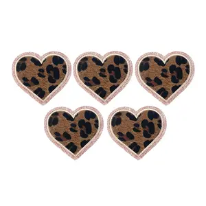 5Pcs Leopard Heart Iron On Patches Cute Kawaii Embroidered Applique for DIY Clothes Jeans Hats Jackets Backpacks Fashion Decoration,Brown