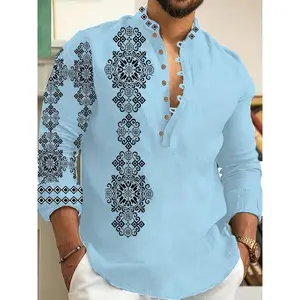2025 Men'S Casual Long Sleeve Button-Up Shirt with Intricate Black & White Pattern - Light Blue, Stand Collar, Regular Fit, Polyester, Perfect for Spring & Fall, Casual Attire | Stylish Buttonup | Polyester Fabric