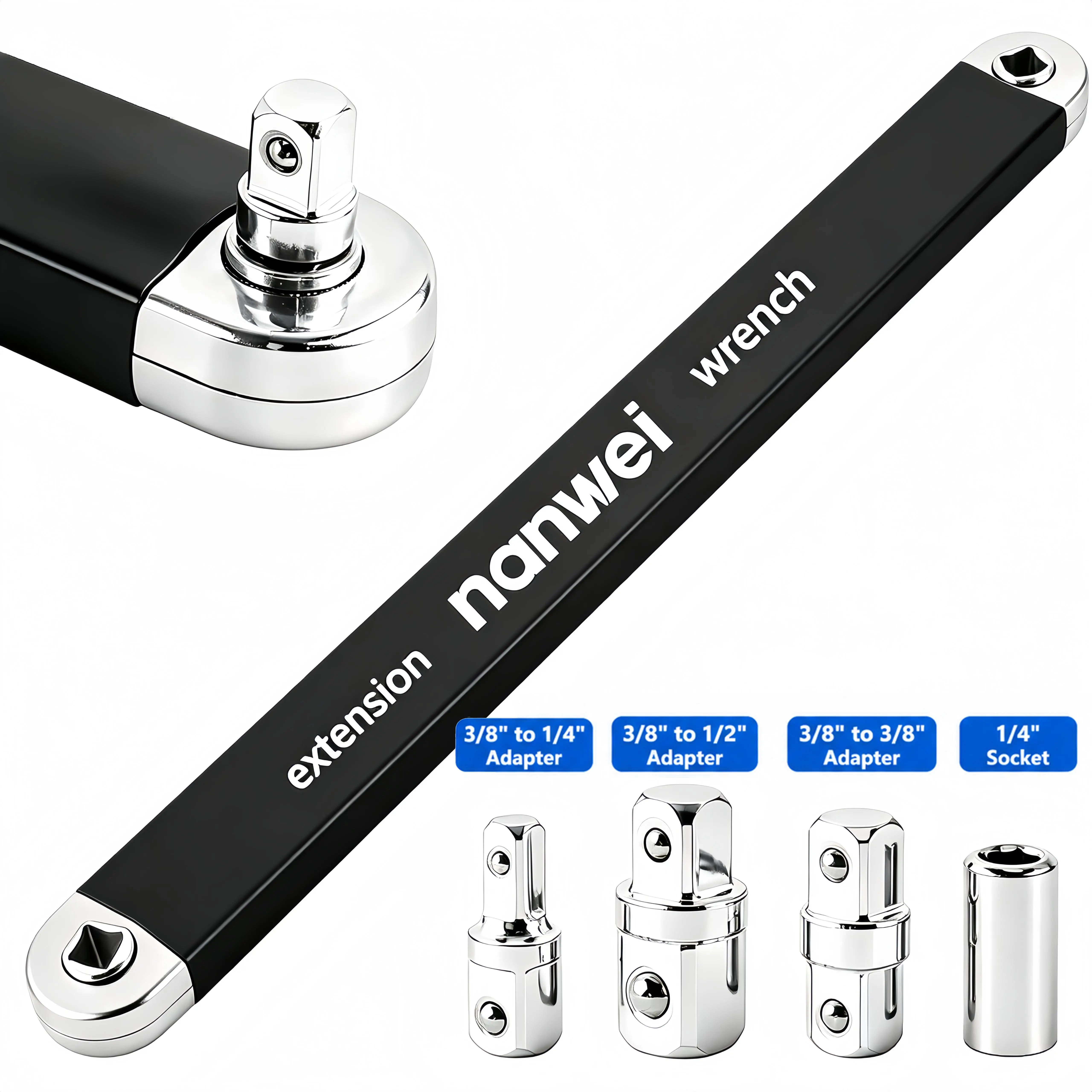 Nanwei Offset Extension Wrench - Impact Ready Adapters Set with 1/2", 1/4", 3/8" Square Drives with a 1/4" socket.Tight Spots Tool for Daily Use, Ideal Gift for Fathers