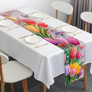 Tulip and Butterfly Table Runner on Background, Durable Polyester for Year-Round Home Kitchen Decor, Ideal Gift for Housewarming and Parties