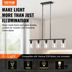 VEVOR 5-Light Kitchen Island Pendant Lights, 60W, Adjustable Dining Room Light Fixture with Clear Glass Lampshade 4 Rods 2 Metal Chains, Metal Frame Farmhouse Linear Chandeliers for Dining Room, E26
