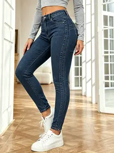 Women's Dark Wash Jeans, Vintage Dark Wash High Rise Skinny Jeans Stretch Figure-Hugging Cropped Denim Pants Classic Five Pockets Design Ladies Everyday Office Denim