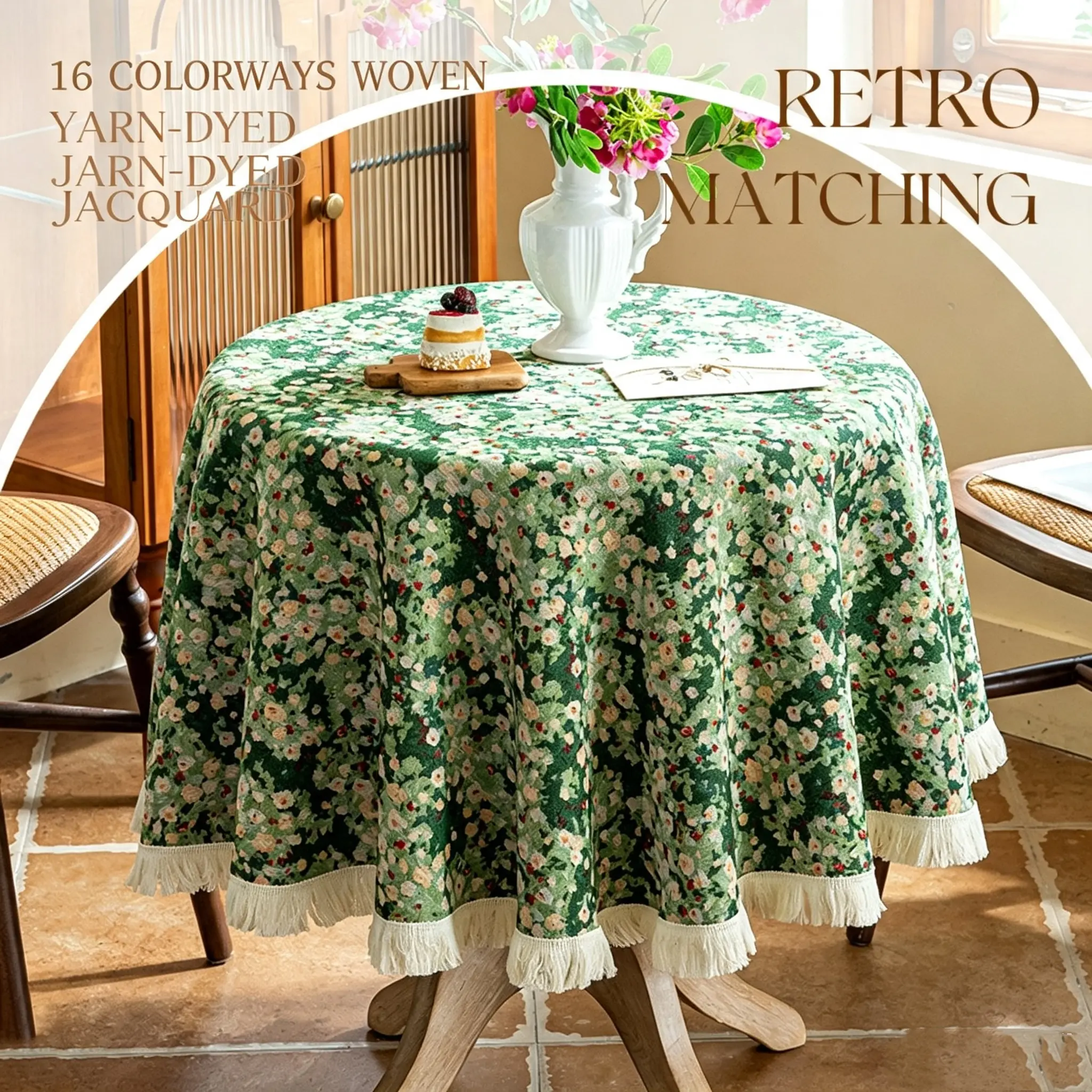 Vintage Floral Jacquard Tablecloth With Tassel Fringe, Cotton‑Linen Blend Thick Fabric Dust‑Resistant Table Cover For Dining Table, Coffee Table And Home Decor