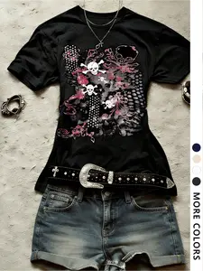 2026 New Women's T-Shirt with Skull Print, Soft Draping Fabric, Casual Short Sleeve for School and Office Wear
