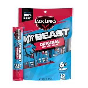 Jack Link’s x MrBeast Original Mini Beef Sticks – 6g Protein per Serving, Individually Wrapped Meat Snacks, Made with 100% Real Beef, Pantry-Ready, Kids Snacks, 0.5oz (12 Count)