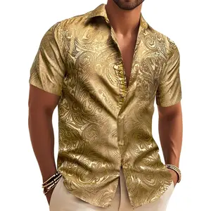 Barry.Wang Men's Silk Shirts Short Sleeve Western Designer Button Down Paisley Shirt Casual Beach Summer Party Mexico