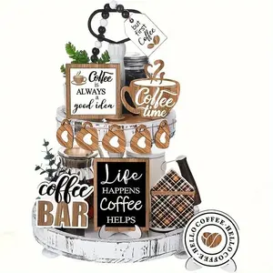Coffee Themed Tiered Tray Decor, 12pcs/set Wooden Coffee Sign without Tray, Coffee Bar Decor, Home Decor for Kitchen & Dining Room