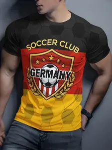 Men's 3D soccer pattern and letter print crew neck short-sleeved soccer jersey, a casual and stylish outdoor street athletic activewear sports top for summer, making it a perfect gift choice, Outdoor Clothing