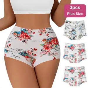 QUASTI 3-Piece Plus Size High-Waisted Multi-Color Print Cotton Women's Panties, Stylish Design, Soft and Breathable, Skin-Friendly Fabric, High-Elasticity Seamless, Multi-Functional Panties, Sizes: 0XL-4XL