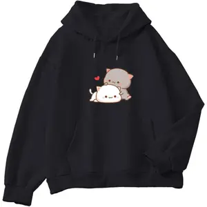 Women Kawaii Cartoon Cute Cat Graphic Casual Cotton Pullover Hoodies Sweatshirt Hoodie