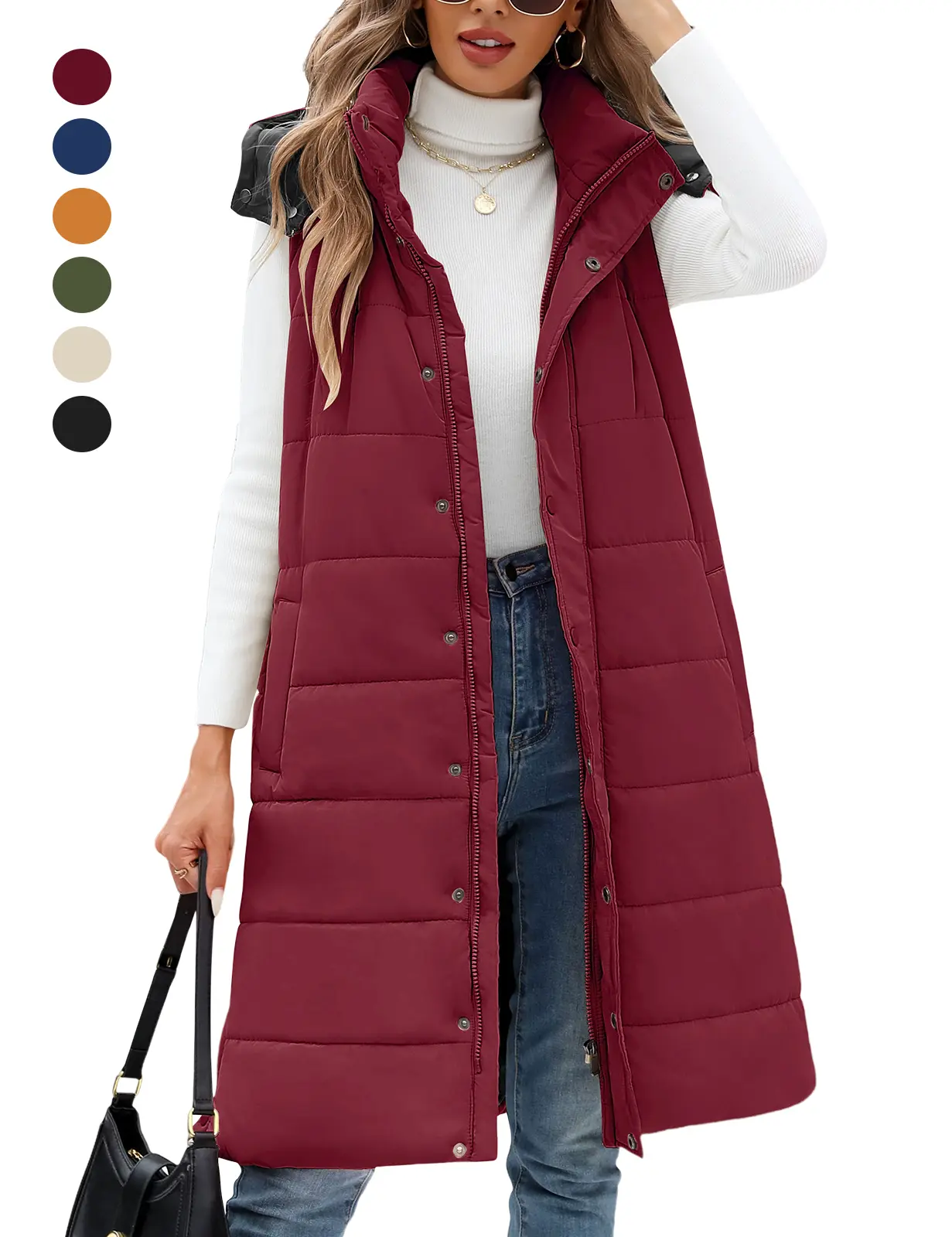 Women's Long Quilted Puffer Vest, Detachable Hood Sleeveless Winter Coat, Zip & Snap Button Up Warm Gilet Jacket with Side Pockets for Cold Weather