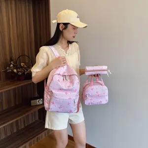 3PCS Bow Print Backpack Set for Women, Large Capacity Student School Bag, Preppy Casual Travel Backpack Set