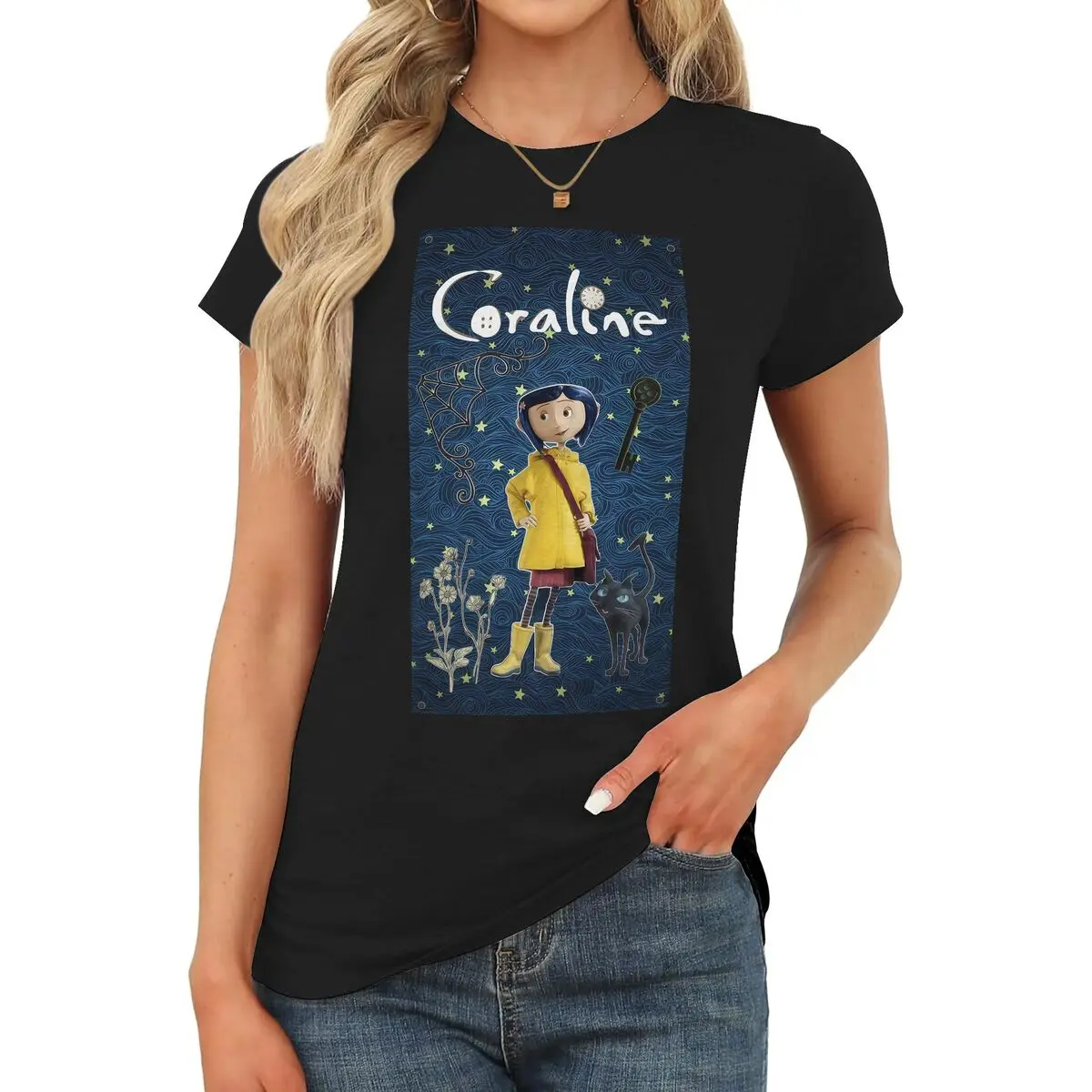 Women's Coraline Graphic Baby Tee, a Cute Shortsleeve Tshirt in a Slim Fit Cotton Blend with a Round Neck - Casual Style, Birthday Gift, Teacher, Thanksgiving