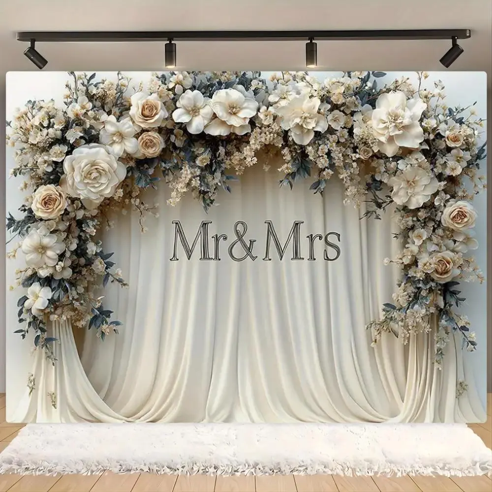 Polyester Flower Arch Wedding Banner Decoration - 1 Count Romantic Pull Flag, Photo Prop Backdrop Cloth for Wedding Party, Lightweight Floral Home Festive Ornament