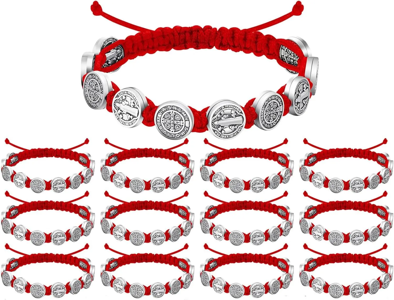 Unisex Protection Cords, 12pcs Red San Benito & Black Handmade Set, Modern Synthetic Medals for Serenity & Good Luck, Bracelet, Religious
