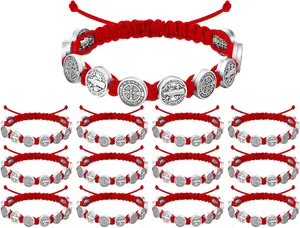 12/6 Pieces Pack San Benito Bracelets Protection Handmade Red Black Cord Benedict Wrist Bracelets Adjustable Medal Rosary Bracelet Luck Benedictine Serenity Blessing Friendship Bracelet for Women Men