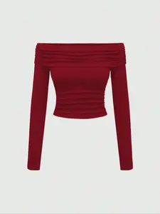 Grunge Punk Y2K Shinjuku Sexy Off-Shoulder Ruched Waist Long Sleeve Fitted Top, Fabric, Versatile Fashion Women's Long Sleeve New Style T-Shirt, Perfect for Concerts, Dancing & Nightclubs, Beach, Parties, Sports, and Casual Home Wear, Spring, Womenswear