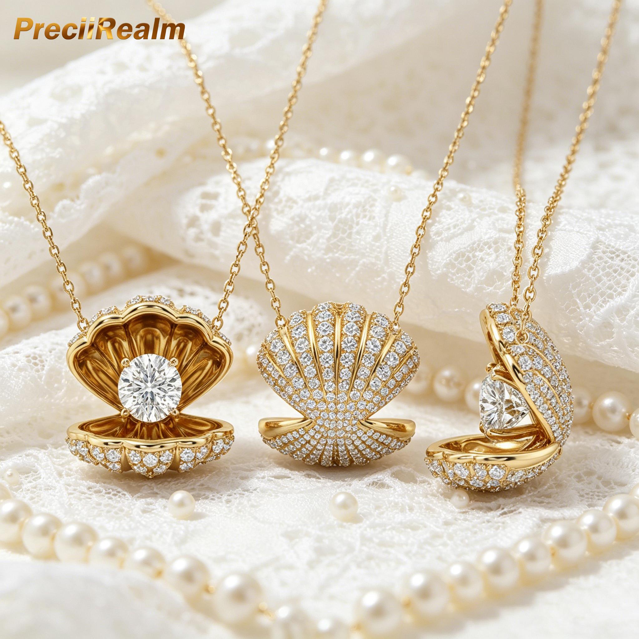 PreciiRealm Women's 14K Gold Diamond Seashell Necklace - Summer Fashion Costume Jewelry Accessory