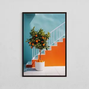 Orange Tree Minimalist, Mediterranean Wall Art, Bright Citrus Decor, Modern Staircase Print, Unframed 5 size, 8x12  to 27x40