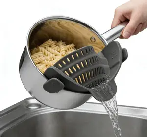 Clip On Strainer Silicone for All Pots and Pans, Pasta Strainer Clip on Food Strainer for Meat Vegetables Fruit Silicone  Colander (Gray)