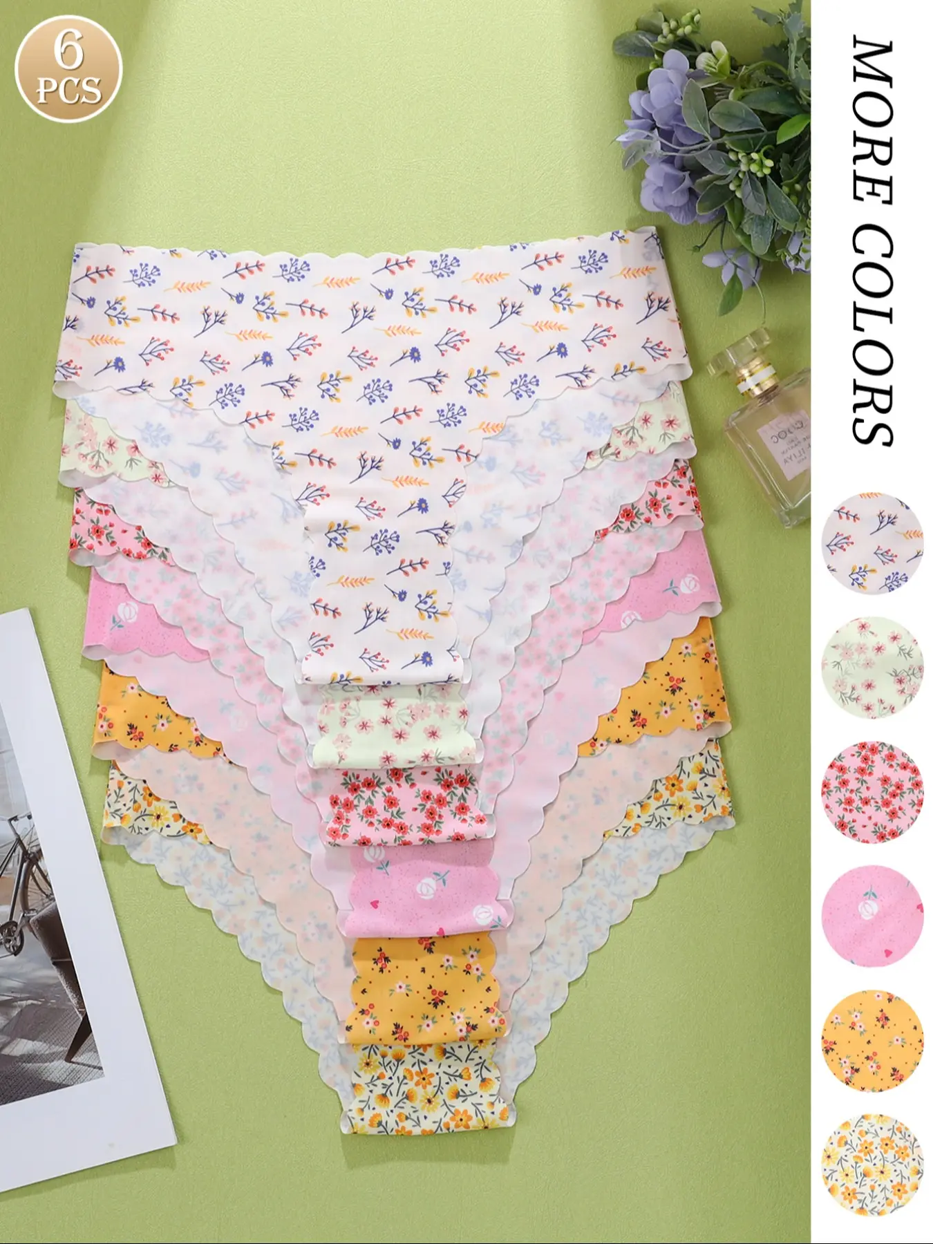 6-Pack Ditsy Floral Seamless Adhesive Panties: No Digging, No Rolling Edges - Invisible Comfort for Daily Wear & Tight Outfits