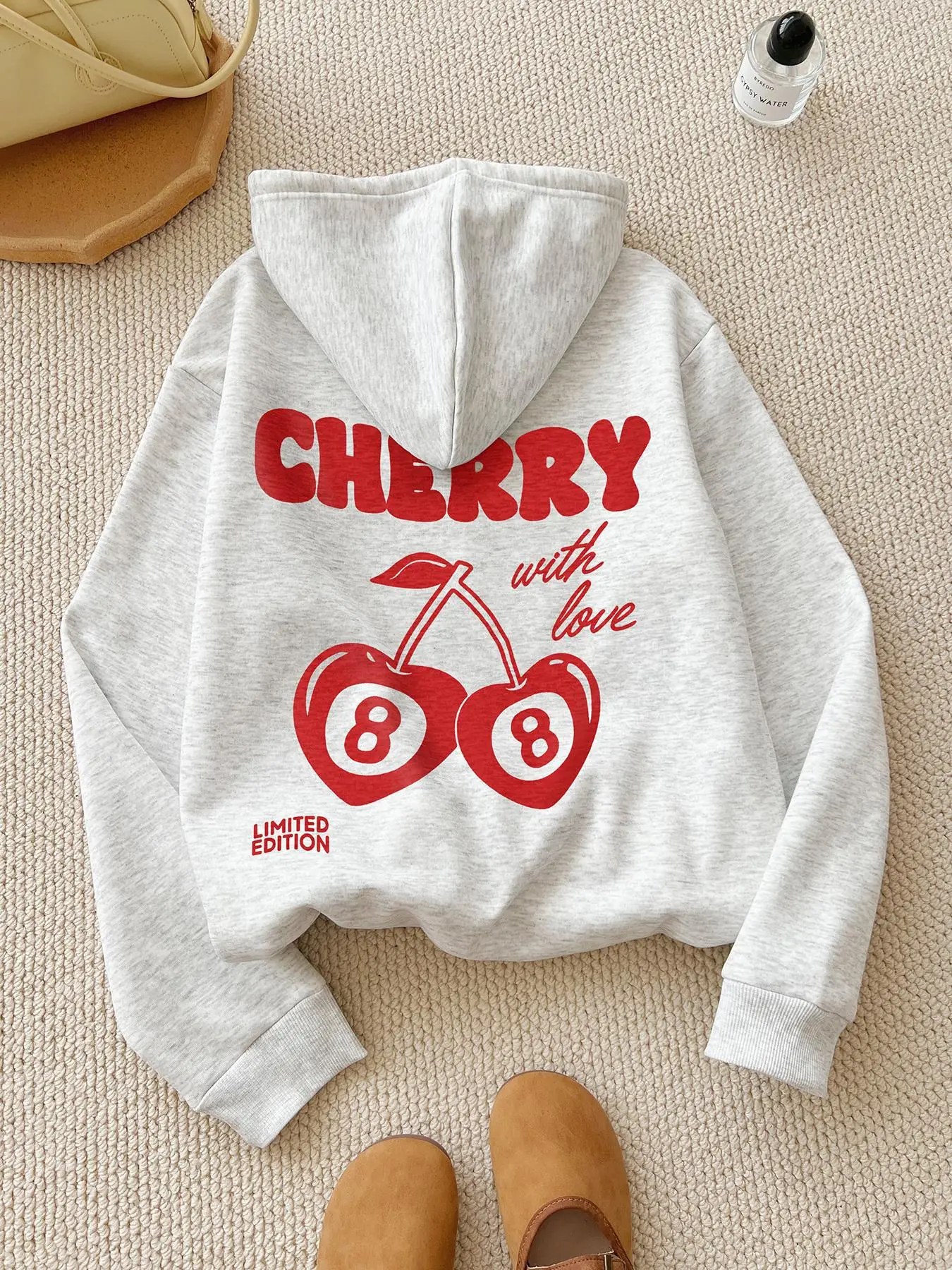 Women's Cherry & Letter Print Drop Shoulder Hoodie, Fashion Casual Drawstring Pocket Hooded Sweatshirt for Daily Holiday Outdoor Wear, Women Clothing