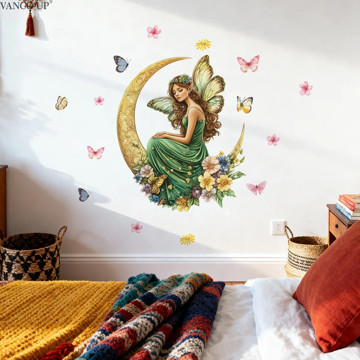1Pc 30x60cm Forest Golden Moon Fairy Elf Flower Butterfly Matte Wall Sticker for Bedroom Home Decor