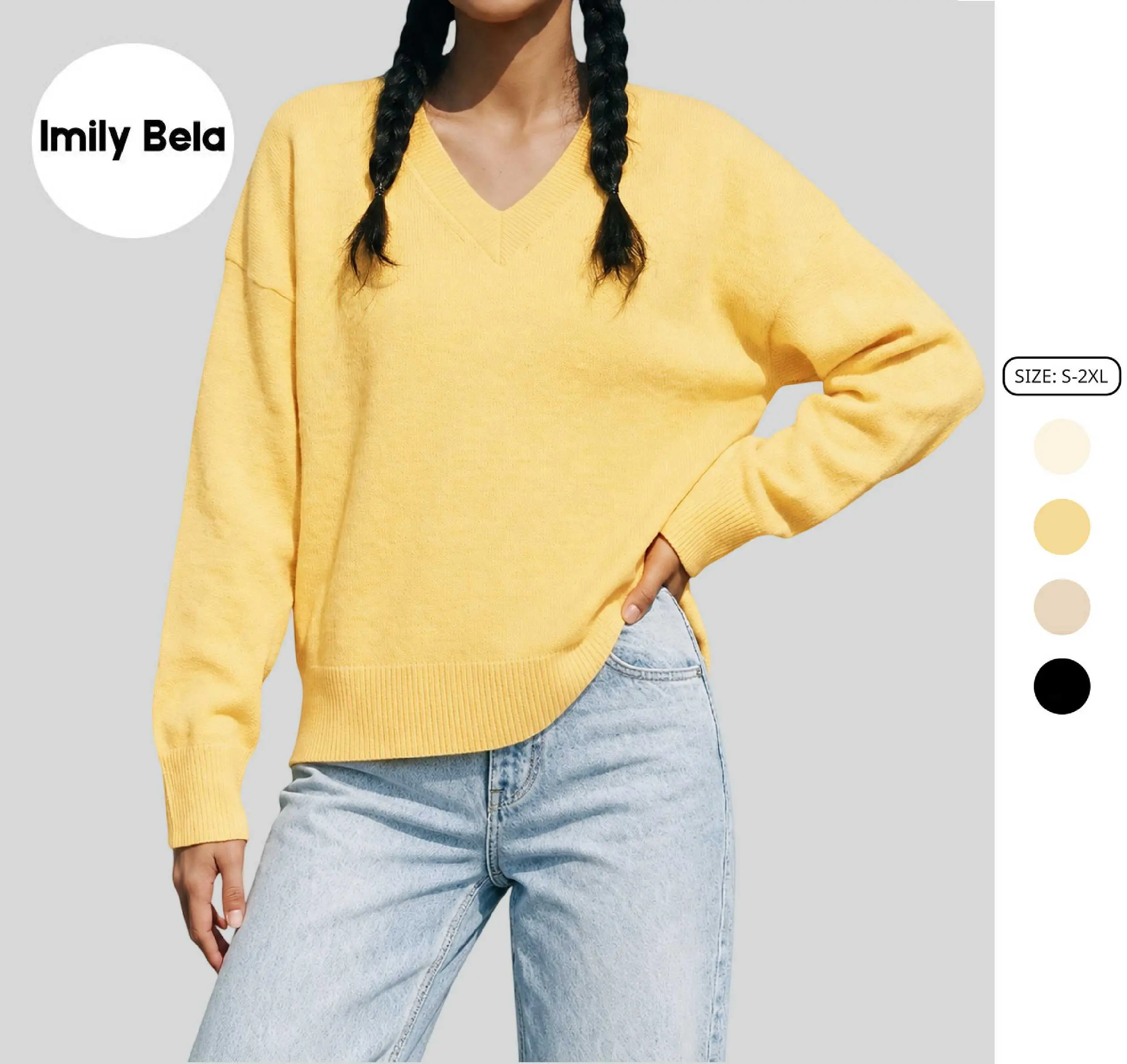 Imily Bela Women’s Bow Tie Collar Knit Sweater, Oversized Drop Shoulder Long Sleeve Pullover, Cute Preppy Coquette Contrast Collar Jumper Top for Fall Winter Casual Wear