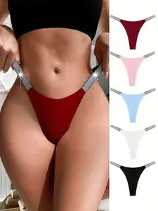 [Ship from USA] LangLey 5PCS, Sexy Low Waisted Thong, Silver Shimmer Design, Comfortable And Breathable Soft Knitted Fabric Underwear, Elastic Close Fitting Underwear, Women's Lingerie & Underwear