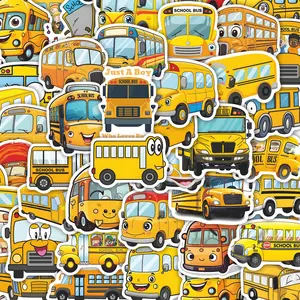 50Pcs Cute Cartoon School Bus Stickers Pack, Waterproof Kids Vehicle & Back to School Vinyl Decals for Laptop, Water Bottle, Journal & Scrapbook, Kids Gift