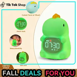 Dinosaur Sleep Trainer Alarm Clock for Kids - 9 Color Silicone Night Light with 6 White Noise, Dual Alarms & Snooze, Rechargeable Bedside Clock for Toddler Bedroom, Perfect Gift for Boys Girls