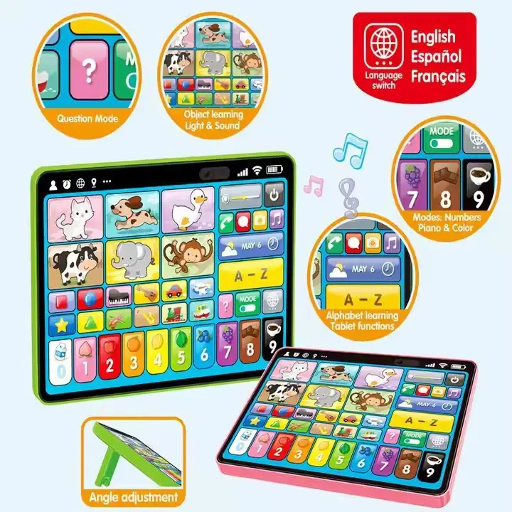 Colorful Cartoon Educational Toy Tablet for 12-18 Months Boys - Spanish, French Baby Learning Machine with Creative Sound and Light, Voice, Interactive Features, Adjustable Angle for Child Development, English